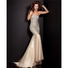 Graceful Mermaid Strapless Champagne Tulle Heavy Beaded Prom Dress