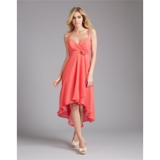 High Low Sweetheart Coral Chiffon Wedding Guest Bridesmaid Dress With Flower Sash Straps