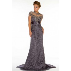High Neck Cap Sleeve Backless Long Charcoal Grey Lace Beaded Evening Dress With Train