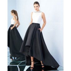 High Neck Full Back Black And White Satin Evening Prom Dress With Pockets