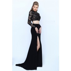 High Neck Open Back Long Sleeve Two Piece Black Lace Evening Prom Dress