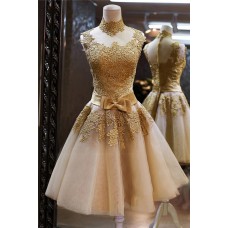High Neck See Through Short Gold Lace Tulle Prom Dress With Bow Sash