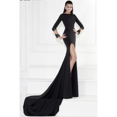 High Slit Long Sleeve Black Jersey Tulle Lace Evening Dress With Train