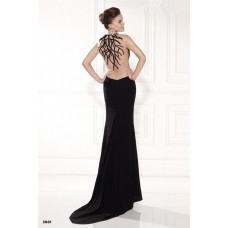 Illusion Neckline Sleeveless Black Satin Tulle Beaded Occasion Evening Dress