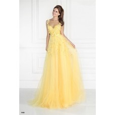 Illusion Neckline Sleeveless Long Yellow Tulle Beaded Prom Dress With Flowers