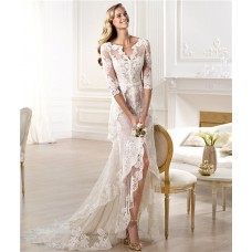 Informal Sheath V Neck High Low Front Slit Lace Wedding Dress With Sleeve