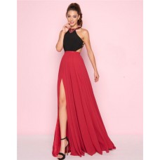Jewel Neckline Side Cut Out Open Back Black And Red Chiffon Prom Dress With Slit