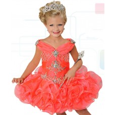 Lovely Ball Short Coral Organza Ruffle Beaded Tutu Girl Pageant Dress