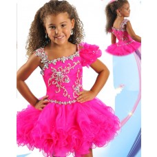 Lovely Ball Short Hot Pink Organza Ruffle Beaded Little Girl Pageant Prom Dress