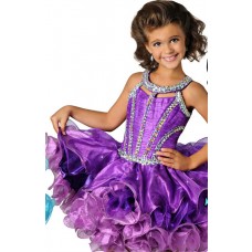 Lovely Halter Short Purple Organza Ruffle Beaded Tutu Girl Pageant Prom Dress