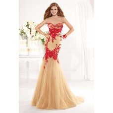 Lovely Mermaid Sweetheart Champagne Tulle Red Applique Prom Dress 