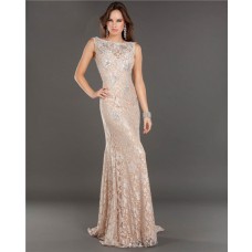 Mermaid Backless Long Champagne Lace Beaded Evening Prom Dress