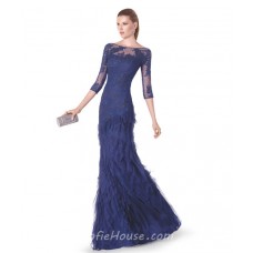 Mermaid Boat Neck Navy Blue Lace Tulle Ruffle Long Evening Dress 3 4 Length Sleeves
