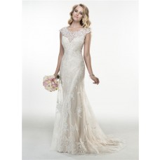 Mermaid Cap Sleeve Illusion Back Tulle Lace Wedding Dress With Buttons