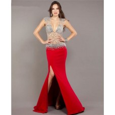 Mermaid Deep V Neck Open Back Red Chiffon Sheer Tulle Beaded Prom Dress