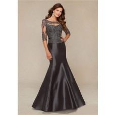 Mermaid Front Cut Out Charcoal Grey Satin Lace Beaded Evening Prom Dress With Sleeves