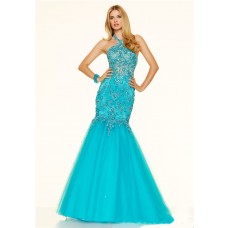 Mermaid Halter Backless See Through Turquoise Tulle Lace Beaded Prom Dress