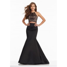 Mermaid Halter Two Piece Black Satin Tulle Embroidery Prom Dress