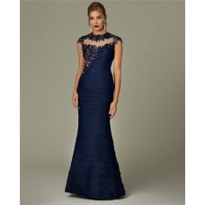 Mermaid High Neck Cap Sleeve See Through Navy Blue Lace Formal Evening Dress