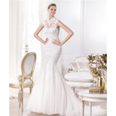 Mermaid High Neck See Through Tulle Beaded Lace Wedding Dress With Collar