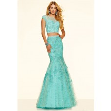 Mermaid Illusion Neckline Cap Sleeve Two Piece Mint Green Tulle Lace Prom Dress