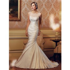 Mermaid Illusion Neckline Ruched Satin Embroidered Wedding Dress Sheer Back Buttons