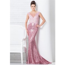 Mermaid Illusion Neckline Sheer Back Pink Lace Sequin Long Occasion Evening Prom Dress
