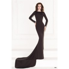 Mermaid Low Back Long Sleeve Black Jersey Beaded Evening Dress With Train