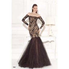 Mermaid Off The Shoulder Black Lace Tulle Long Sleeve Prom Dress 