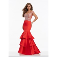 Mermaid Off The Shoulder Open Back Red Satin Rufffle Tiered Prom Dress 