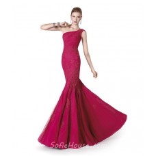 Mermaid One Shoulder Fuchsia Tulle Lace Long Evening Prom Dress