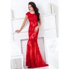 Mermaid Scoop Neck Cap Sleeve Open Back Long Red Lace Beaded Evening Prom Dress