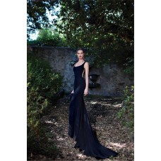Mermaid Scoop Neck Side Cut Out Navy Chiffon Special Occasion Evening Dress 