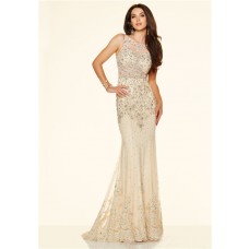 Mermaid Sleeveless Open Back See Through Champagne Lace Beaded Prom Dress