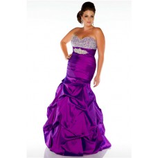 Mermaid Strapless Long Purple Taffeta Beaded Plus Size Evening Prom Dress 