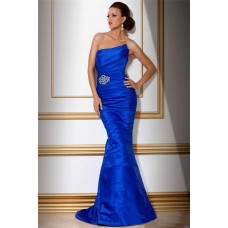 Mermaid Strapless Long Royal Blue Tiered Evening Wear Dress With Beading