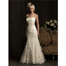 Mermaid Strapless Scoop Neck Ivory Lace Wedding Dress With Belt Buttons