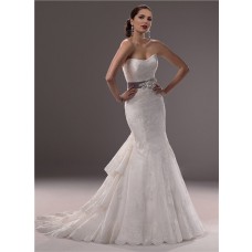 Mermaid Strapless Scoop Neck Lace Wedding Dress Tiered Train With Sash
