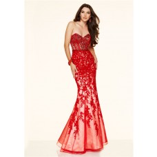 Mermaid Strapless Sweetheart Low Back Red Lace Applique Beaded Prom Dress