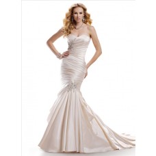 Mermaid Sweetheart Champagne Satin Fit And Flare Wedding Dress With Ruching Beading