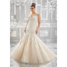 Mermaid Sweetheart Champagne Tulle Lace Plus Size Wedding Dress With Spaghetti Straps