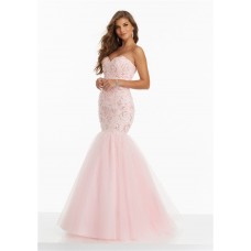 Mermaid Sweetheart Corset Back Light Pink Tulle Floral Beaded Prom Dress 