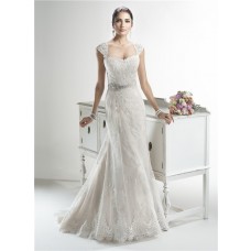 Mermaid Sweetheart Detachable Cap Sleeve Lace Wedding Dress With Crystals Sash