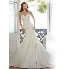 Mermaid Sweetheart Keyhole Open Back Pleated Satin Lace Wedding Dress With Crystals