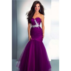 Mermaid Sweetheart Long Dark Purple Tulle Prom Dress With Crystals 