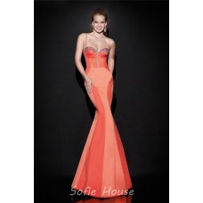 Mermaid Sweetheart Spaghetti Strap Open Back Coral Satin Evening Prom Dress With Bow