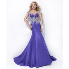 Mermaid Sweetheart Straps Cap Sleeve Long Purple Satin Beaded Evening Prom Dress 