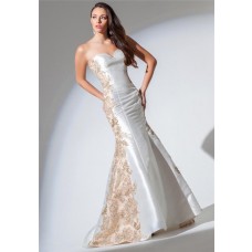 Mermaid Sweetheart White Satin Gold Applique Lace Beaded Prom Dress