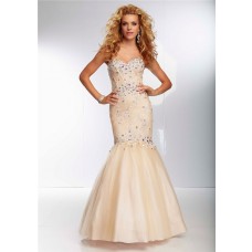 Mermaid Trumpet Sweetheart Corset Back Long Champagne Nude Tulle Lace Beaded Prom Dress