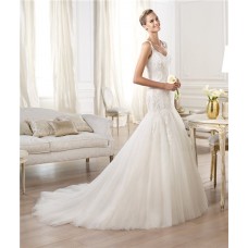 Mermaid V Neck Illusion Back Drop Waist Tulle Lace Wedding Dress With Straps